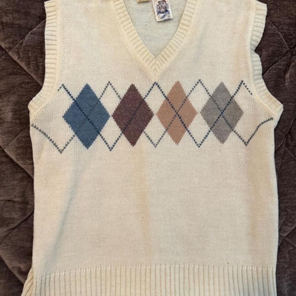 Vintage Remington Argyle Sweater Vest Large Cream Wool Blend Grandpa Core L